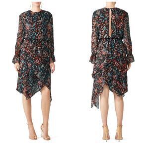 Iro Floral Asymmetrical Hem Long Sleeves Black Dress Size 38/Medium